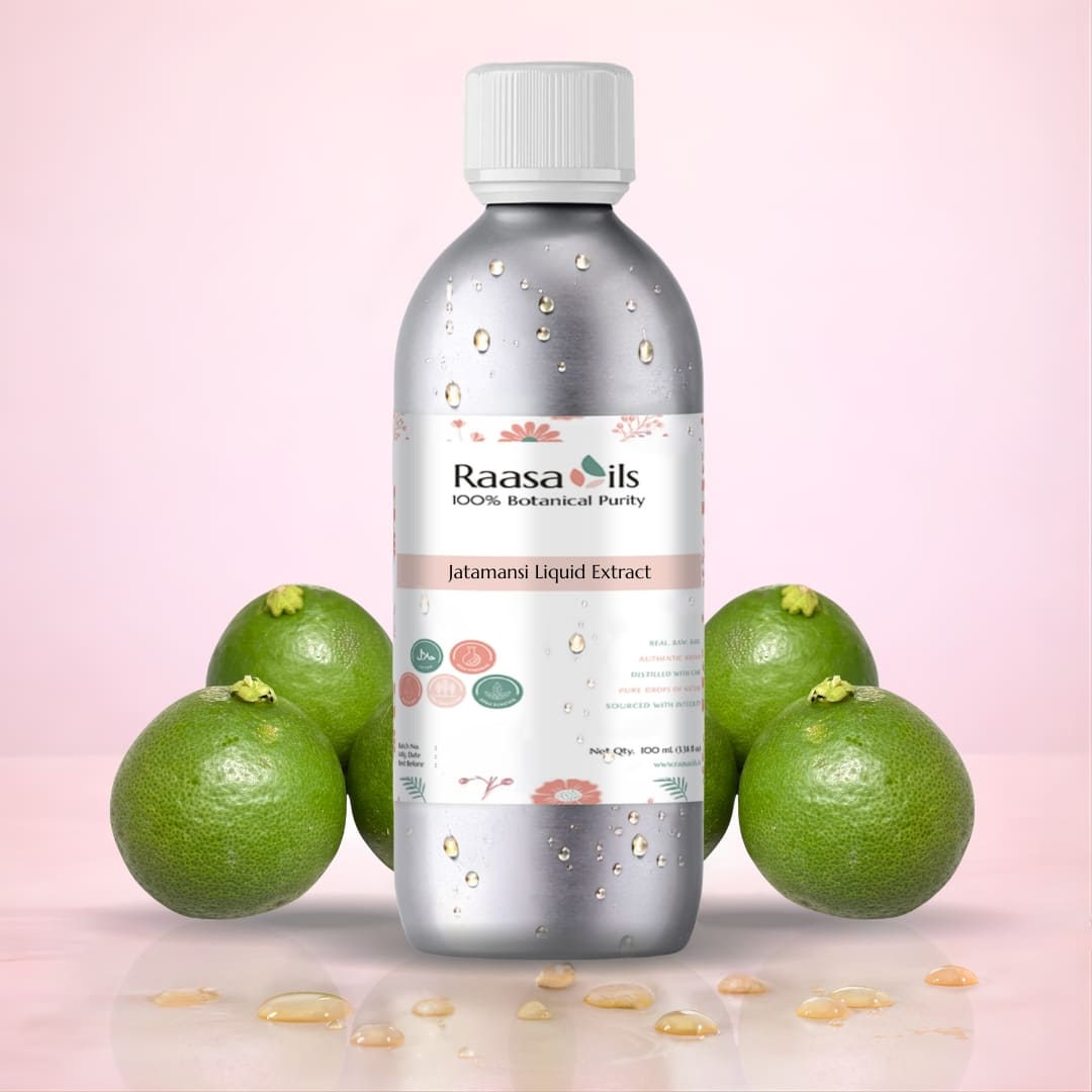 Bottle of Raasa Oils Iatamani Liquid Extract with green fruits on a pink background