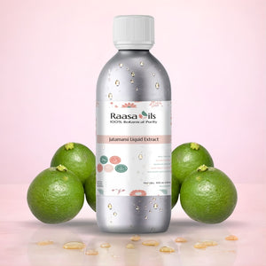 Bottle of Raasa Oils Iatamani Liquid Extract with green fruits on a pink background
