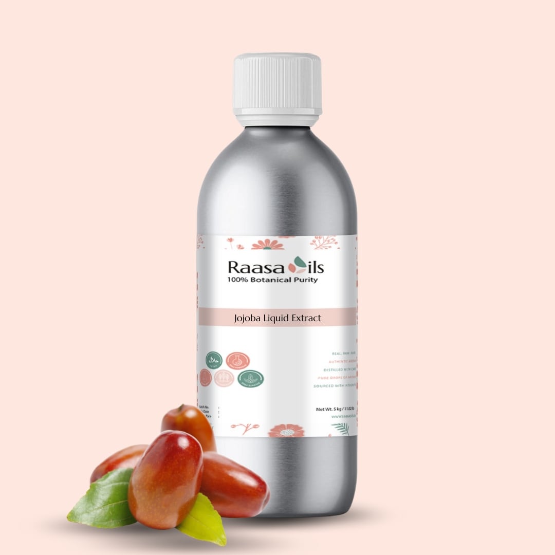 Raasa Oils Jojoba Liquid Extract bottle with jojoba seeds on a light pink background