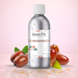 Raasa Oils Jojoba Liquid Extract bottle with jojoba fruits on a pink background