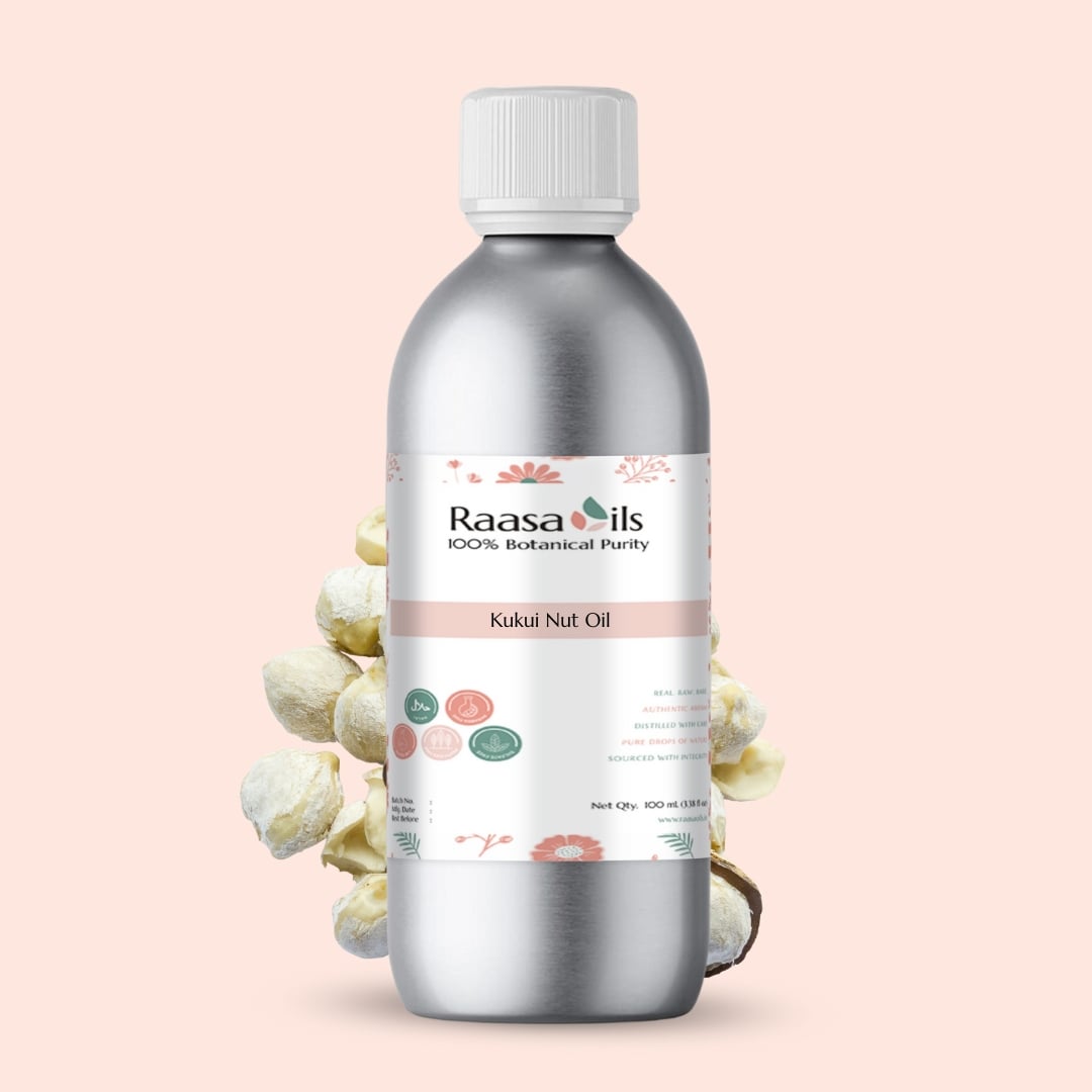 Bottle of Raasa Oils Kukui Nut Oil on a light pink background