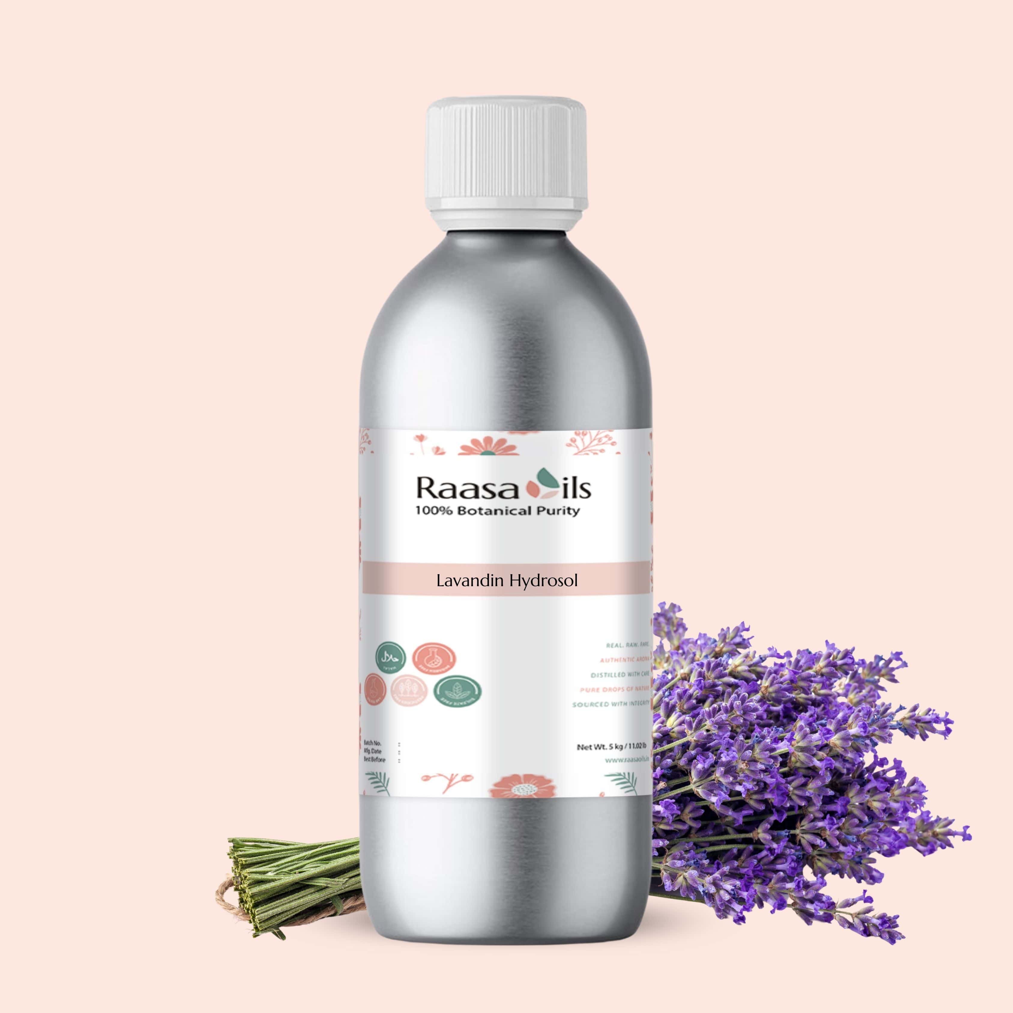 Raasa Oils Lavandin Hydrosol bottle with lavender flowers on a beige background