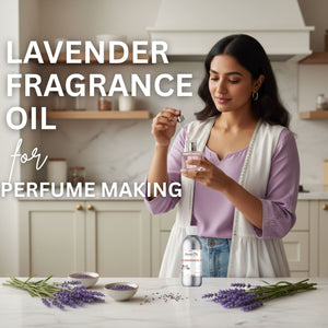 Woman in a kitchen holding a bottle of lavender fragrance oil with text overlay.