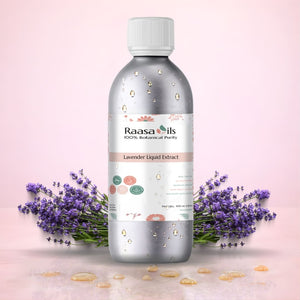Bottle of Raasa Oils Lavender Liquid Extract with lavender flowers on a pink background