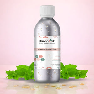 Bottle of Raasa Oils Lemon Balm Liquid Extract with green leaves on a pink background