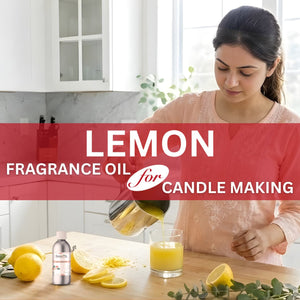 Woman pouring lemon fragrance oil into a glass with lemons and a bottle on a kitchen counter.