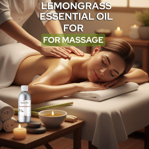Woman receiving a lemongrass essential oil massage in a spa setting.
