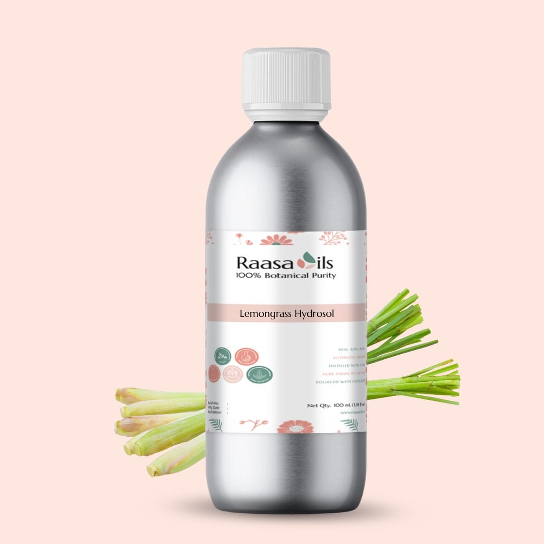 Bottle of Raasa Oils Lemongrass Hydrosol on a light pink background