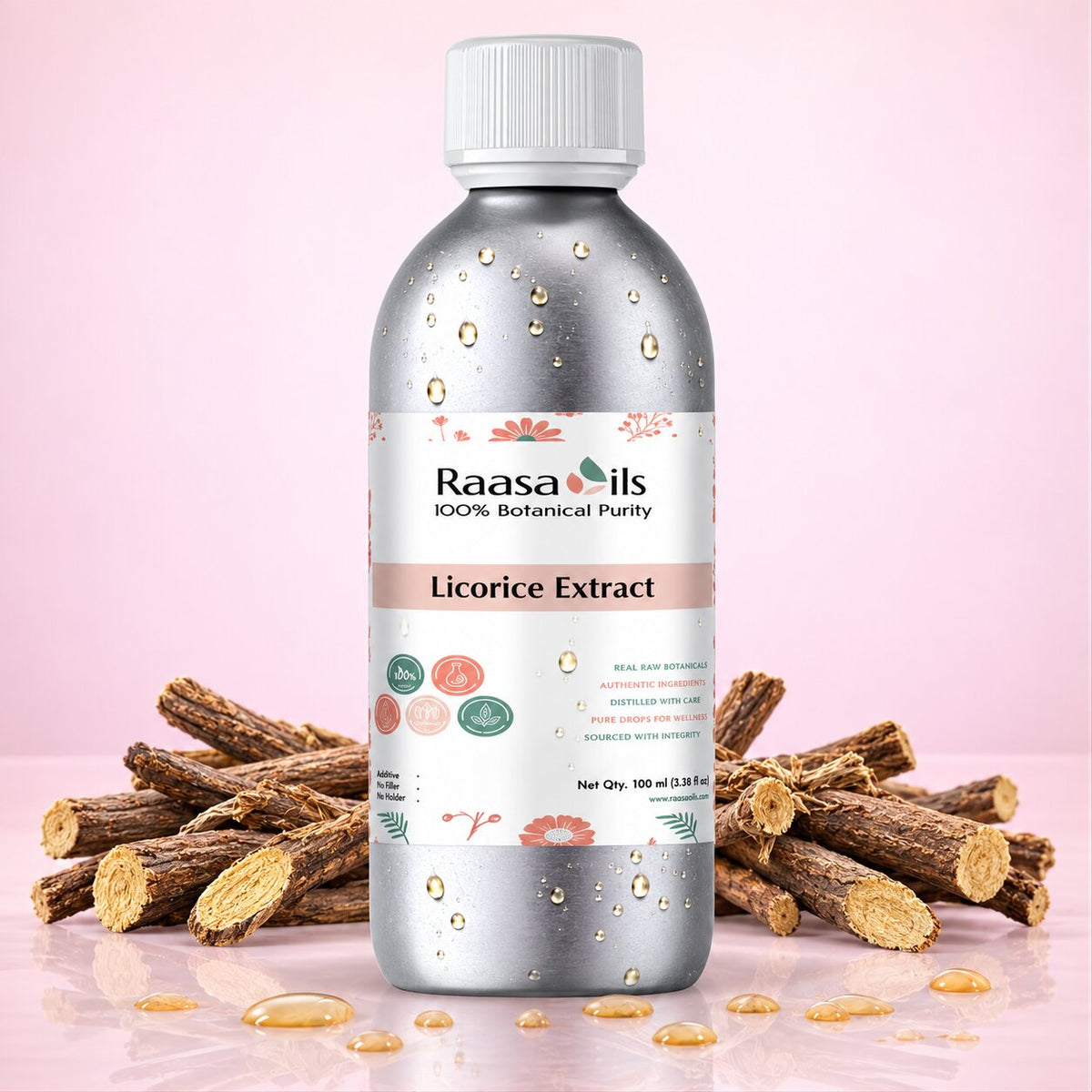 A bottle of Raasa Oils Licorice Extract centered against a soft pink background, flanked by small piles of licorice roots and scattered amber droplets. The bottle is metallic silver with a white cap and a white label featuring botanical illustrations and product text.