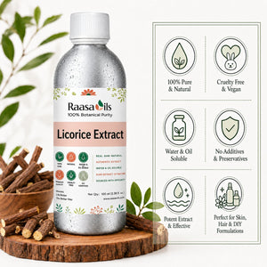 A bottle of Raasa Oils Licorice Extract herbal oil shown on a styled background with licorice roots and leaves. The bottle has a white cap and a label with green, orange, and pink details.