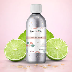 Bottle of Raasa Oils Lime Liquid Extract with lime slices on a pink background