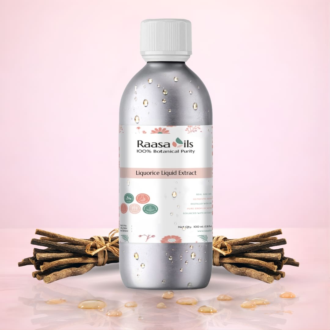 Bottle of Raasa Oils Liquorice Liquid Extract with liquorice roots on a pink background