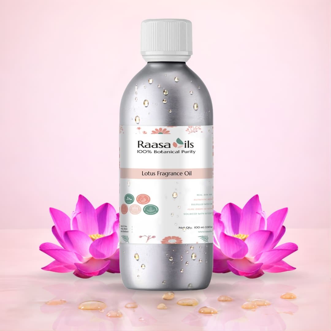 Raasa Oils Lotus Fragrance Oil bottle with pink flower and green leaves on a light pink background