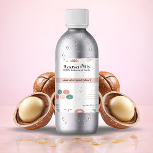 Bottle of Raasa Oils Avocado Liquid Extract with two halves of an avocado on a pink background
