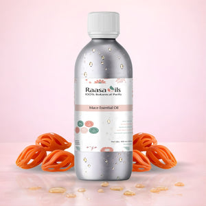 Raasa Oils mace essential oil bottle with mace seeds on a pink background