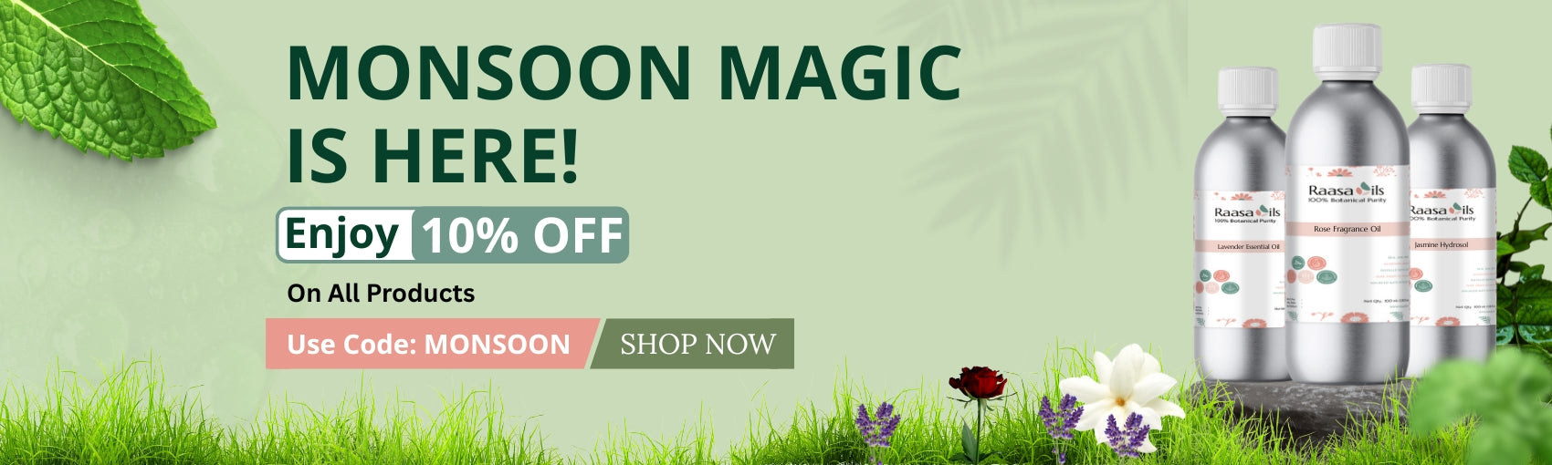 Promotional banner for 'Monsoon Magic' with bottles and text on a green background