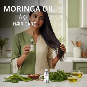 Woman holding a bottle of moringa oil with ingredients on a table, promoting its use for hair care.