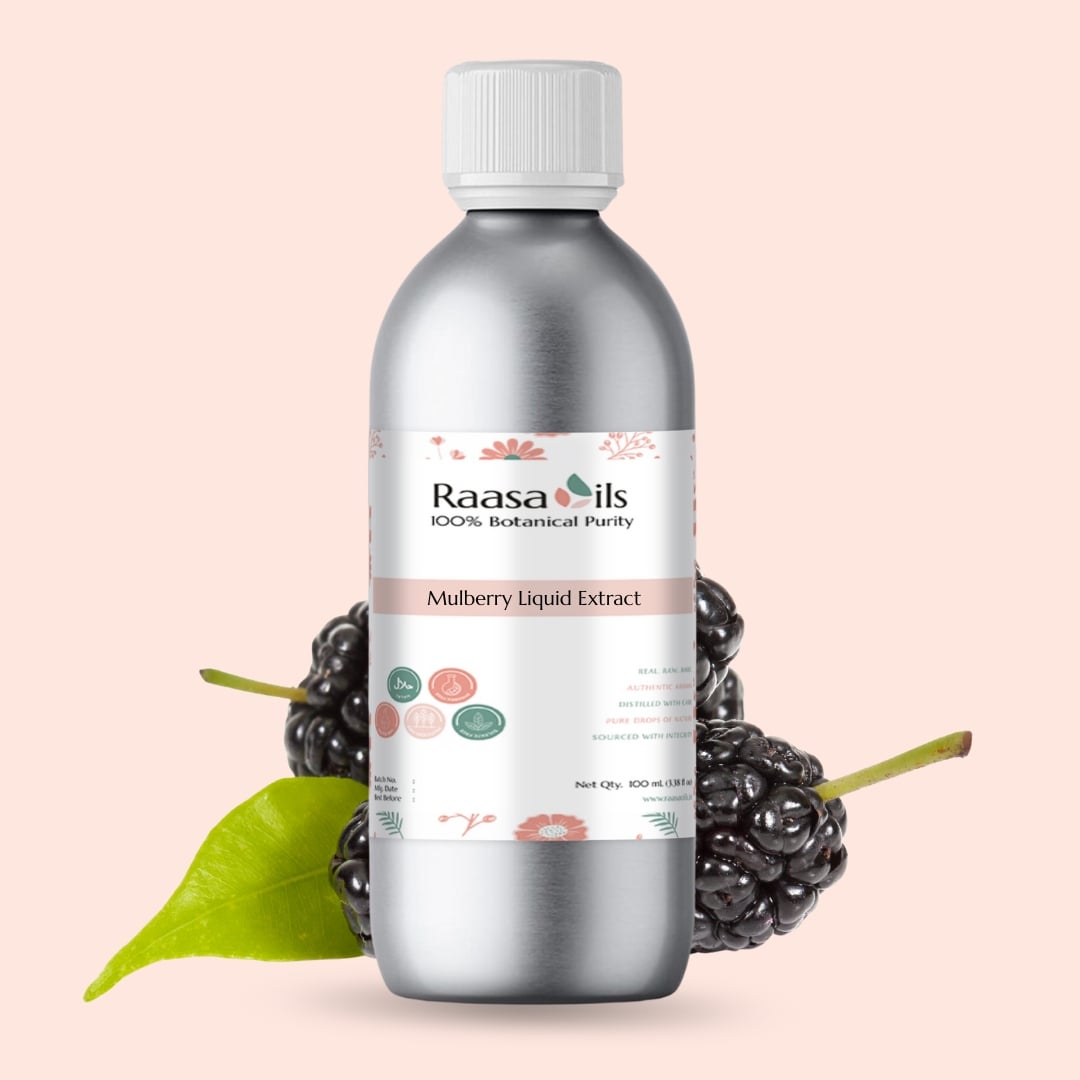Bottle of Raasa Oils Mulberry Liquid Extract with mulberries and a leaf on a light pink background