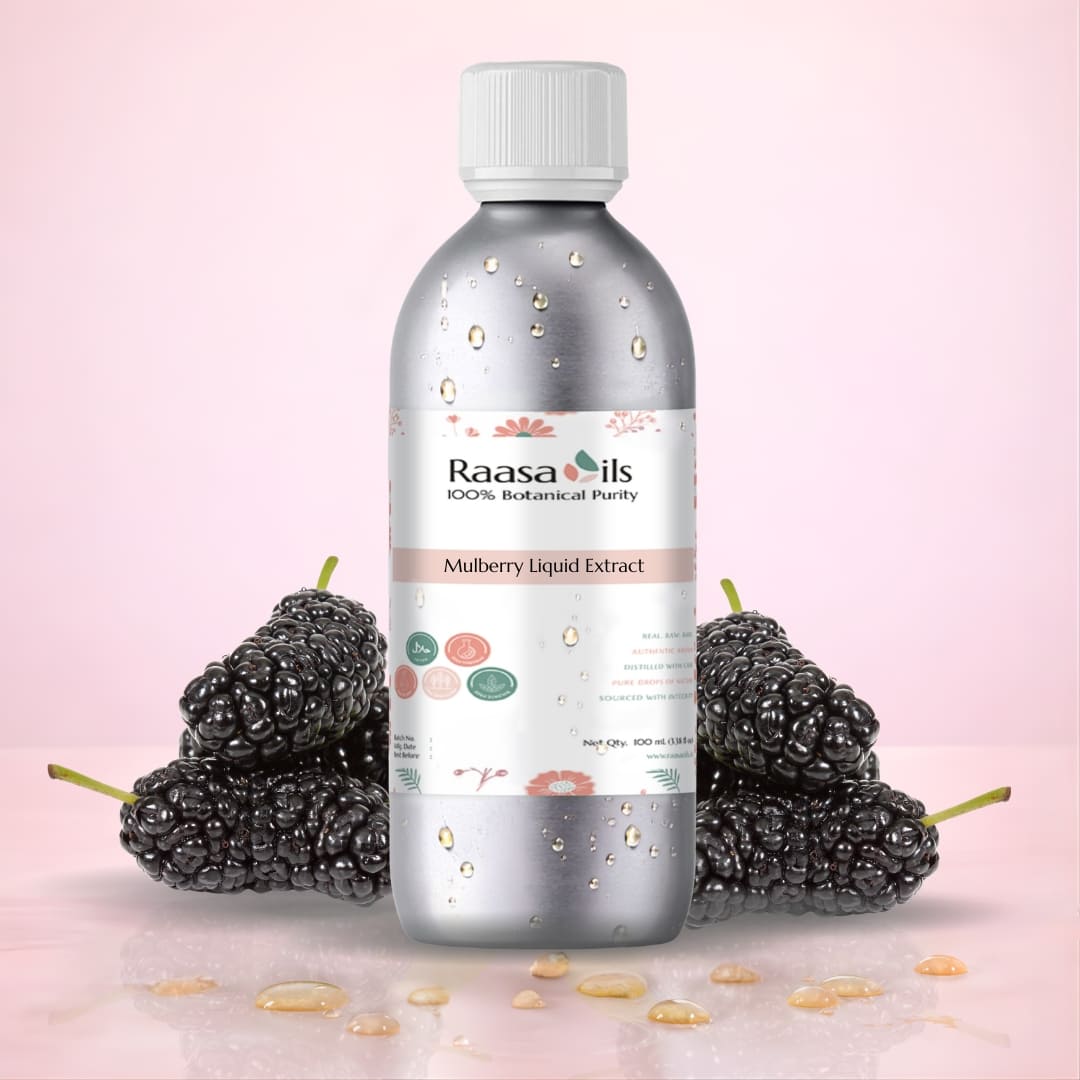 Bottle of Raasa Oils Mulberry Liquid Extract with mulberries on a pink background