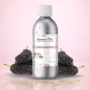 Bottle of Raasa Oils Mulberry Liquid Extract with mulberries on a pink background