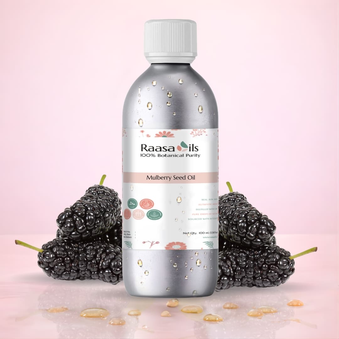 Bottle of Raasa Oils Mulberry Seed Oil with mulberries on a pink background