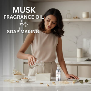 Woman preparing ingredients for soap making with text about musk fragrance oil.