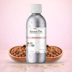 Raasa Oils bottle with Myrrh Hydrosol on a pink background