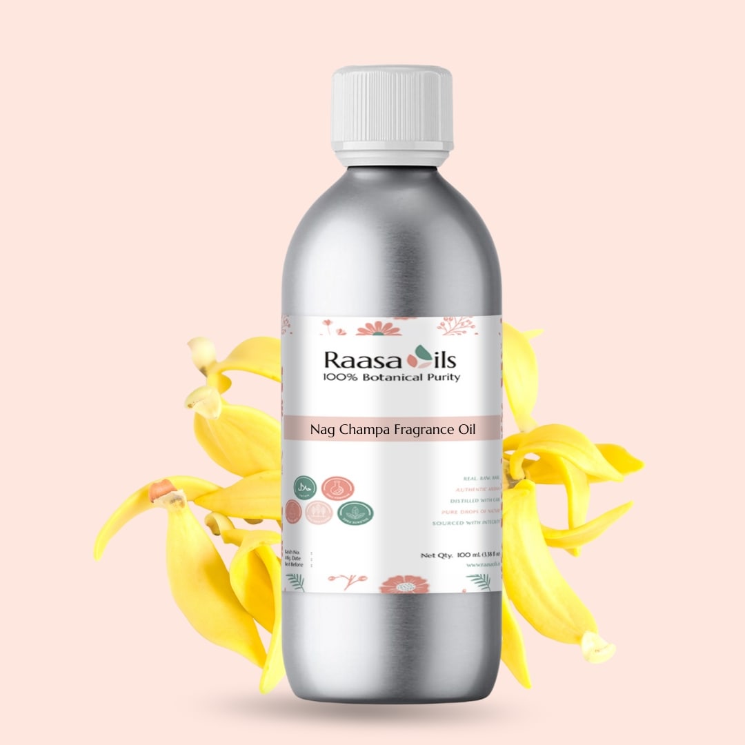 Silver bottle of Raasa Oils Nag Champa Fragrance Oil with vanilla flowers on a light pink background