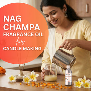 Woman pouring a liquid into a jar with Nag Champa fragrance oil text overlay