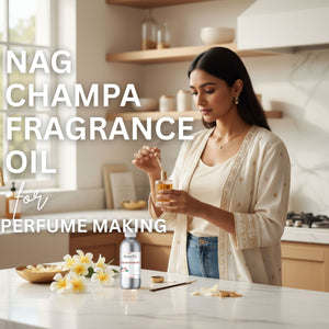 Woman using Nag Champa fragrance oil in a kitchen setting with text overlay.