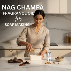 Woman in a kitchen preparing soap with Nag Champa fragrance oil, text overlay.