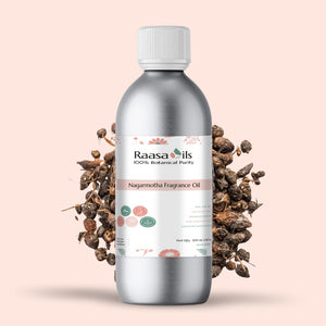 Raasa Oils Nagarmotha Fragrance Oil bottle with dried rose hips on a light pink background