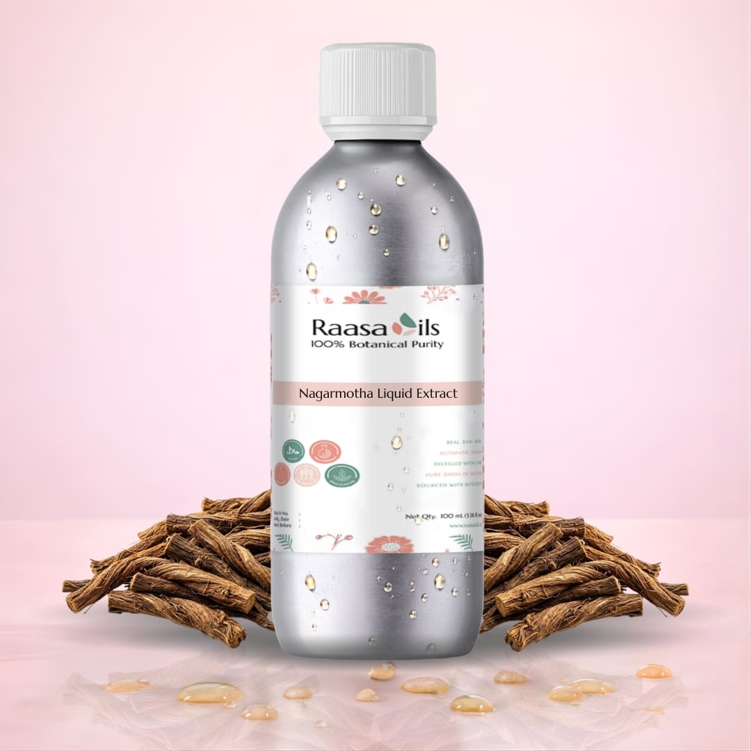 Raasa Oils Nagarmotha Liquid Extract bottle with dried roots on a pink background
