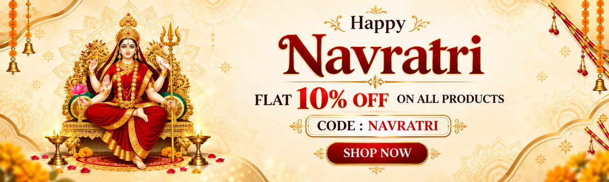 A festive Navratri promotional banner with a seated Hindu deity illustration on the left, gold decorative motifs, and text reading 'Happy Navratri', 'Flat 10% off on all products', 'Code: Navratri', and a 'Shop Now' button.