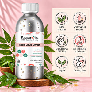 A bottle of Raasa Oils Neem Liquid Extract is displayed on a wooden stand with green neem leaves around it, next to a graphic card detailing product benefits on a pink background.