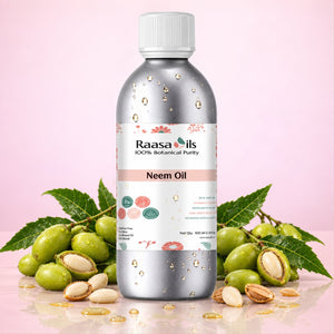 A bottle of Raasa oils Neem Oil centered on a pink background, surrounded by green neem fruits, leaves, and scattered neem kernels. The bottle is metallic silver with a white cap and a white label featuring pink and green botanical details.