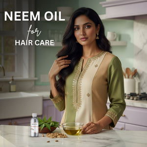 Woman with long hair in a kitchen setting with neem oil and ingredients.