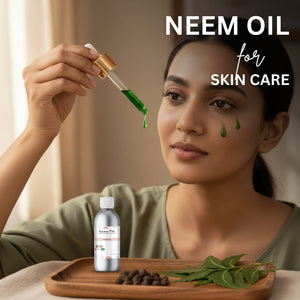 Woman with neem oil dropper and bottle on a wooden tray, with text 'Neem Oil for Skin Care'.