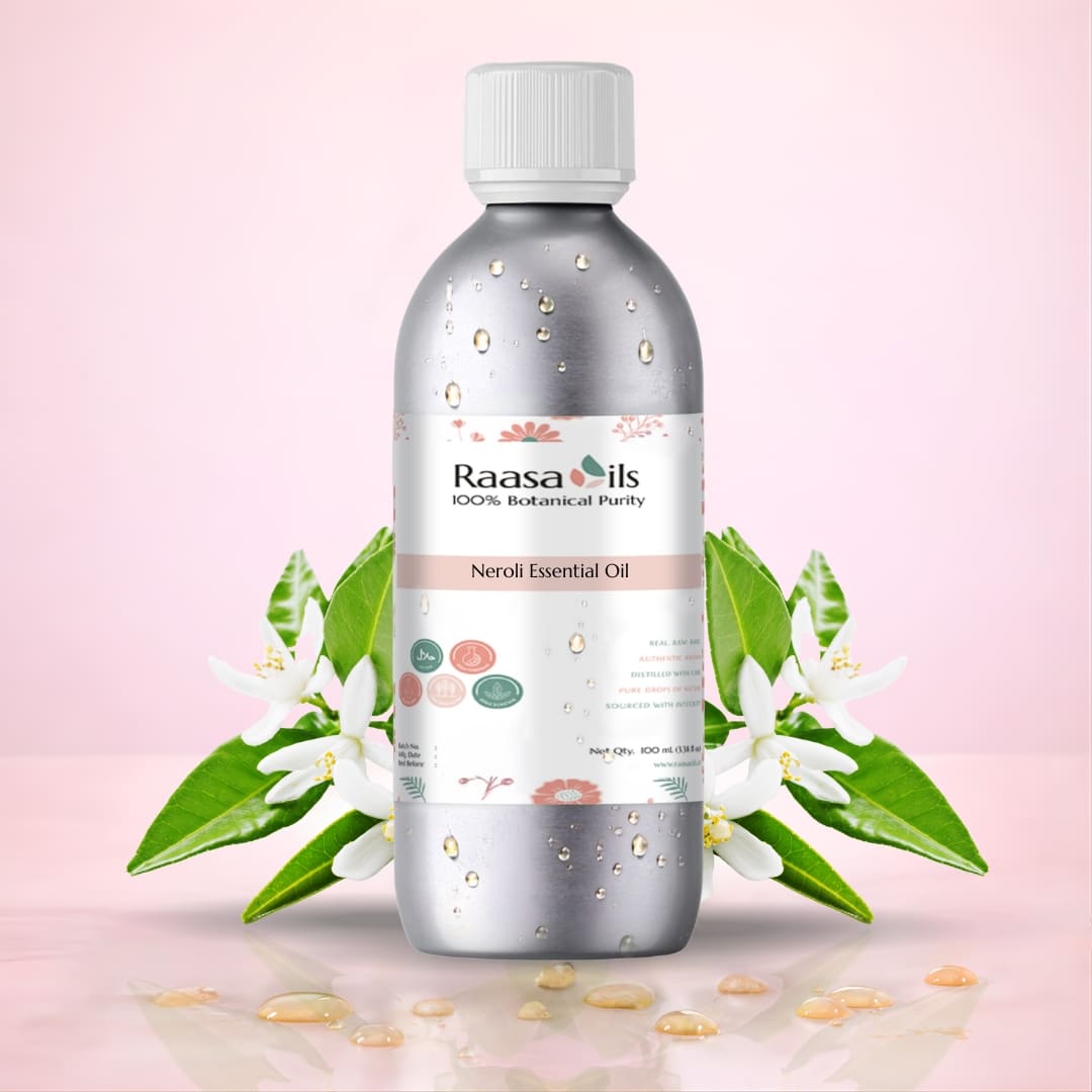 Raasa Oils Nerol Essential Oil bottle with floral and leaf elements on a pink background