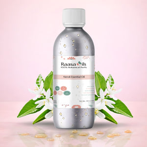 Raasa Oils Nerol Essential Oil bottle with floral and leaf elements on a pink background