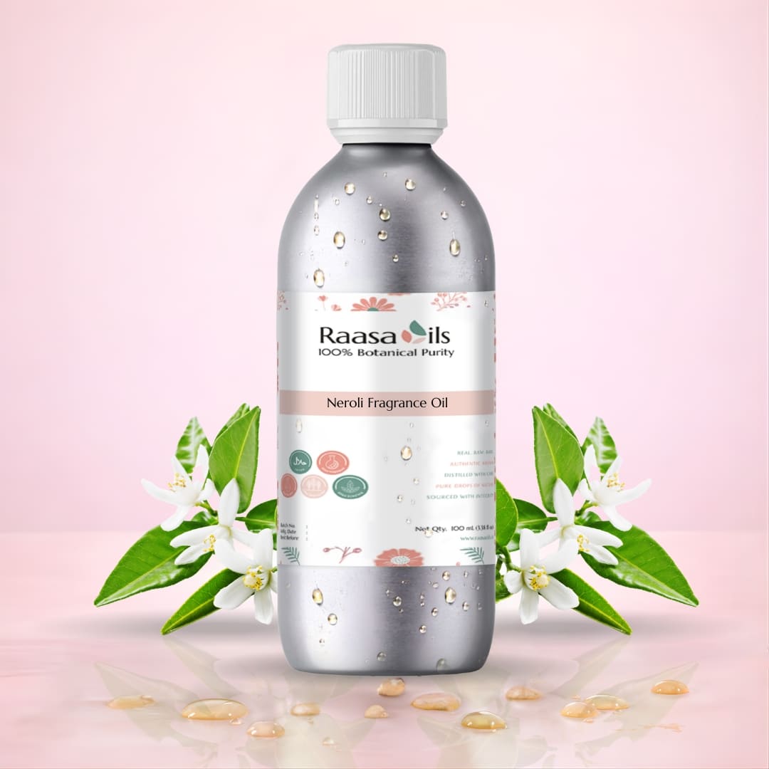 Raasa Oils Neroli Fragrance Oil bottle with floral elements on a pink background