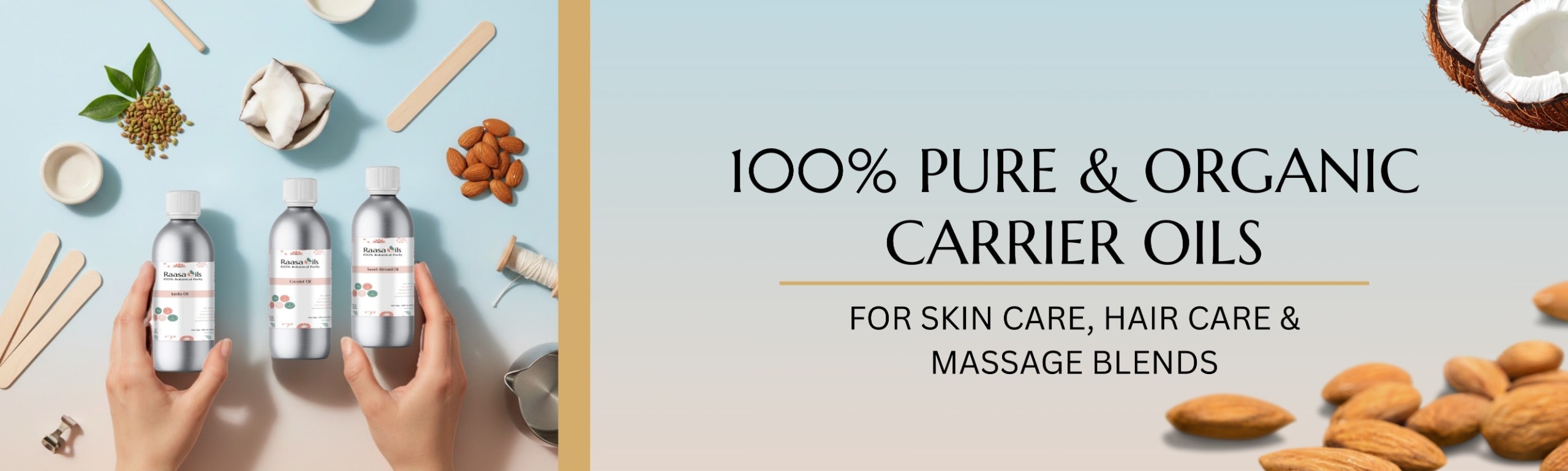 Three bottles of carrier oils held by hands with a background of nuts and herbs, promoting 100% pure and organic carrier oils for skincare, hair care, and massage blends.