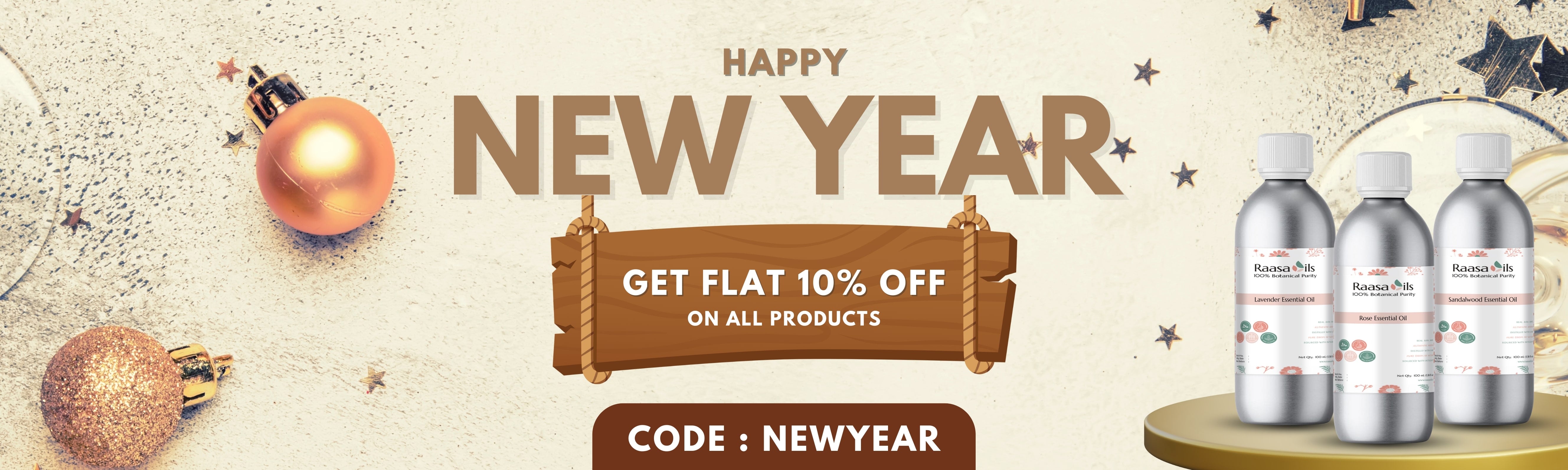 Promotional banner for New Year offer with bottles and festive elements.