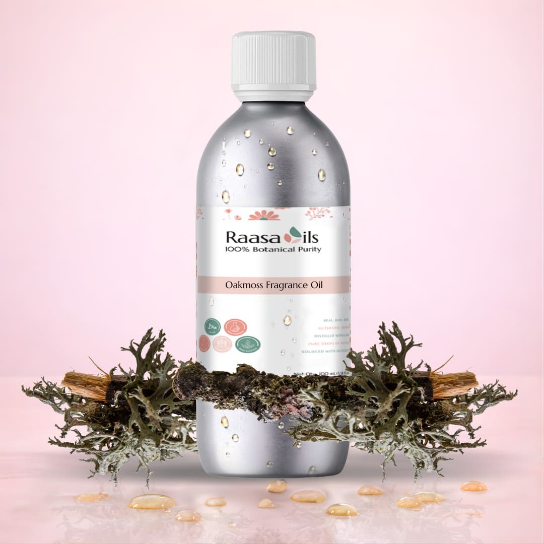 Bottle of Raasa Oils Oakmoss Fragrance Oil with natural elements on a pink background