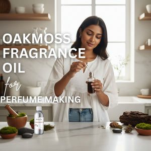 Woman holding a bottle of Oakmoss fragrance oil in a kitchen setting with text overlay.