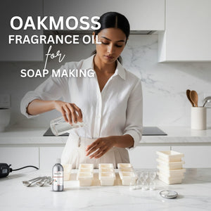 Woman in a kitchen preparing soap with text about Oakmoss fragrance oil for soap making.