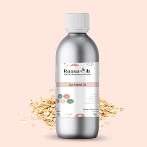 Bottle of Raasa Oils oat kernel oil with oats on a beige background