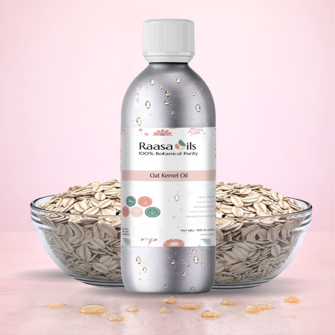 Bottle of Raasa Oils with bowls of oats on a pink background