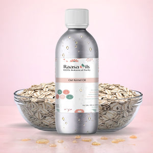 Bottle of Raasa Oils with bowls of oats on a pink background