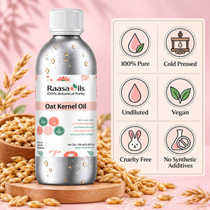 A bottle of Raasa oils Oat Kernel Oil displayed on a wooden pedestal surrounded by oats, with a pink background and a feature badge showing '100% Pure', 'Cold Pressed', 'Undiluted', 'Vegan', 'Cruelty Free', and 'No Synthetic Additives'.